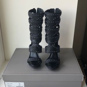 BCBG Max Azria lack and silver gladiator heels